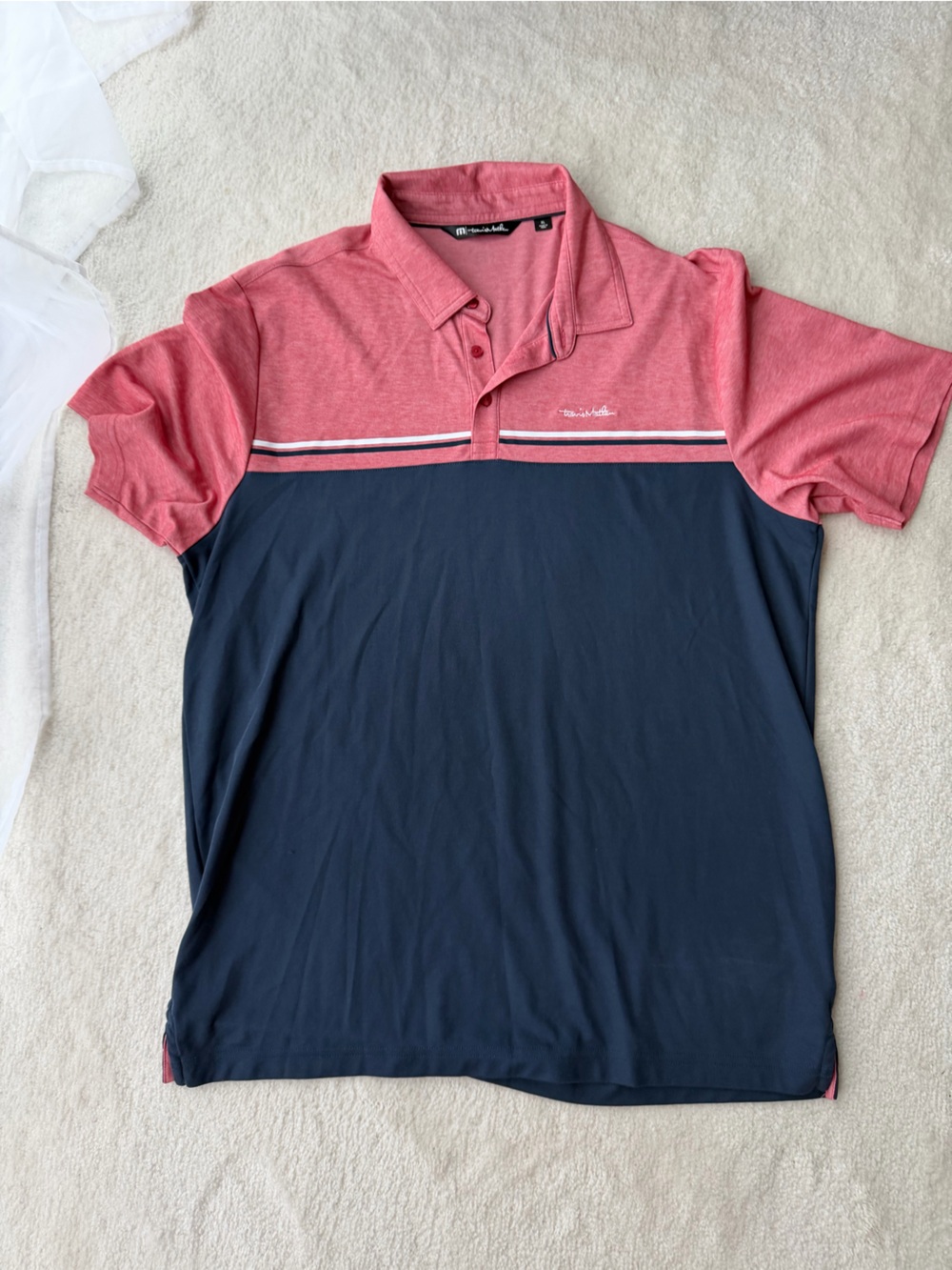 Travis Mathew Men’s Red and Navy Two-Tone Polo with Chest Stripe